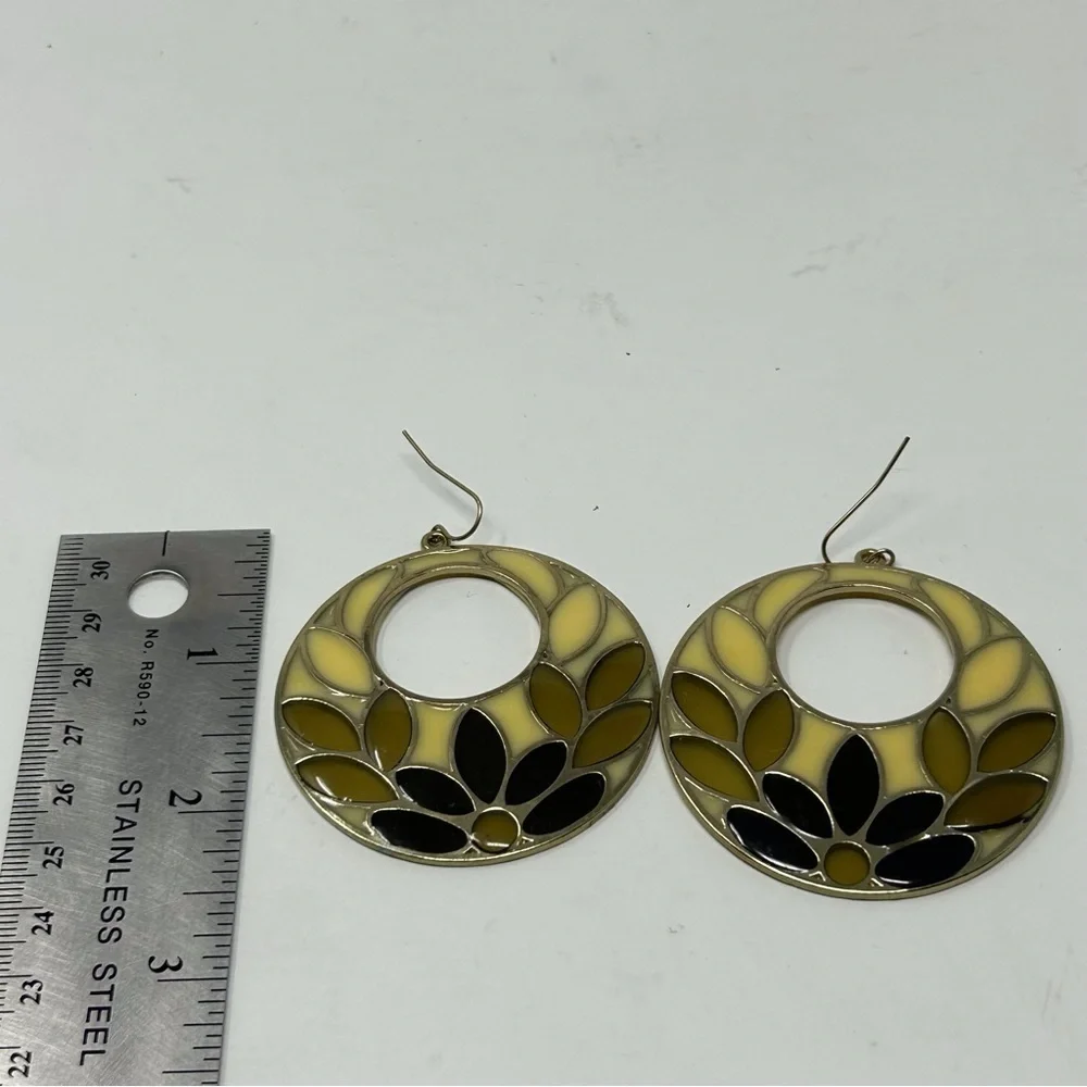 Large Groovy Black, Yellow and Brown Lotus Flower Dangle Hoop Earrings